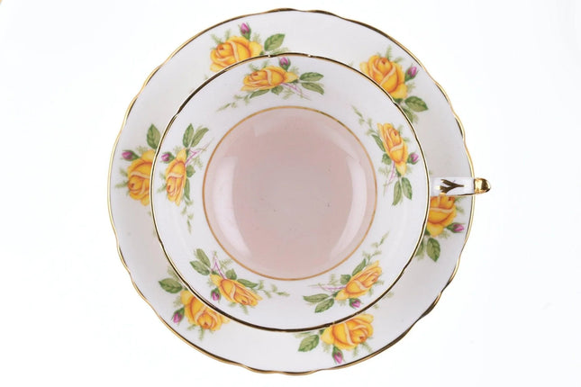 1950's Paragon Yellow Roses with peach interior teacup and saucer - Estate Fresh Austin