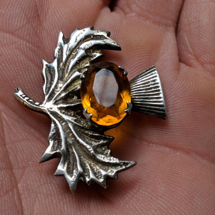 1950's Robert Allison Scottish Sterling Thistle Brooch with Citrine Celtic pin - Estate Fresh Austin