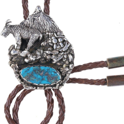 1960's - 70's Southwestern Sterling Turquoise Rocky Mountain Goat bolo tie - Estate Fresh Austin