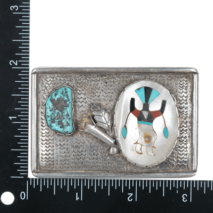 1960's Zuni Sterling, turquoise, and shell inlay Ghan Dancer belt buckle - Estate Fresh Austin