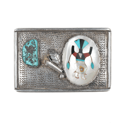 1960's Zuni Sterling, turquoise, and shell inlay Ghan Dancer belt buckle - Estate Fresh Austin