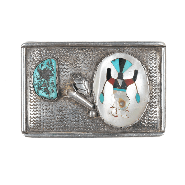 1960's Zuni Sterling, turquoise, and shell inlay Ghan Dancer belt buckle - Estate Fresh Austin