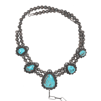 1970's Native American sterling silver beaded lariat necklace with turquoise - Estate Fresh Austin