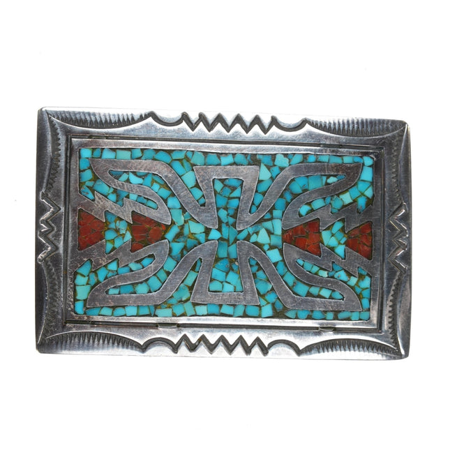 1970's Navajo chip inlay sterling belt buckle - Estate Fresh Austin