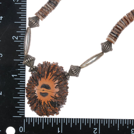 1970's Santo Domingo Sterling/shell necklace w/chip inlay walnut pendant - Estate Fresh Austin