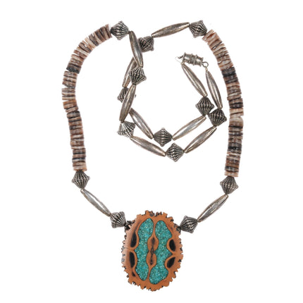 1970's Santo Domingo Sterling/shell necklace w/chip inlay walnut pendant - Estate Fresh Austin