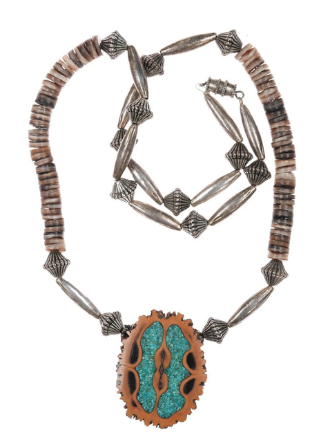 1970's Santo Domingo Sterling/shell necklace w/chip inlay walnut pendant - Estate Fresh Austin