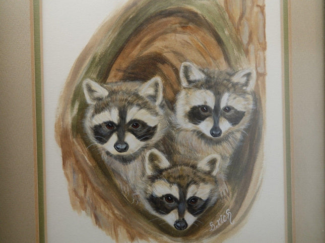 1970's Texas Gauche Painting of Raccoons - Estate Fresh Austin