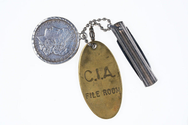 1976 CIA File Room brass Key Chain with 1921 Silver Dollar and Sturdy Pen knife - Estate Fresh Austin