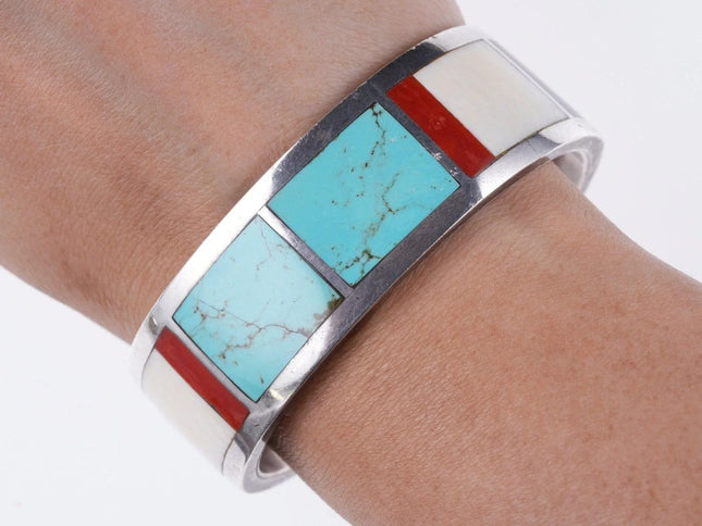 6.75" 1976 Patriotic Native American Sterling turquoise, coral cuff bracelet - Estate Fresh Austin