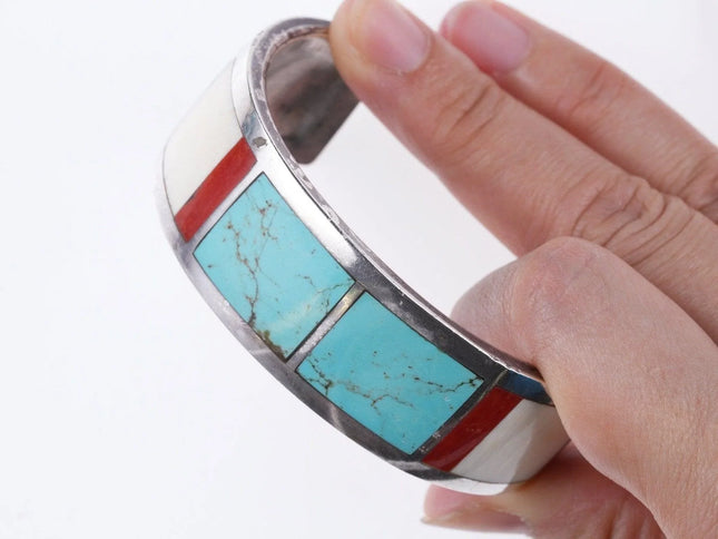 6.75" 1976 Patriotic Native American Sterling turquoise, coral cuff bracelet - Estate Fresh Austin