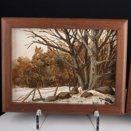 1978 Winter Landscape oil on board paintings pair by Besty Jones - Estate Fresh Austin