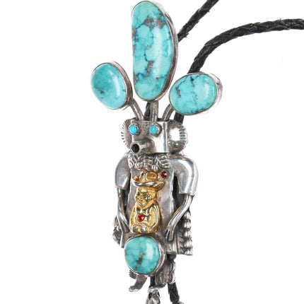 1980's Large John Larson Navajo sterling turquoise Kachina bolo tie - Estate Fresh Austin