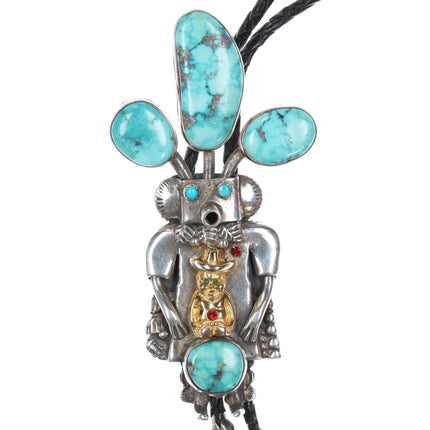 1980's Large John Larson Navajo sterling turquoise Kachina bolo tie - Estate Fresh Austin