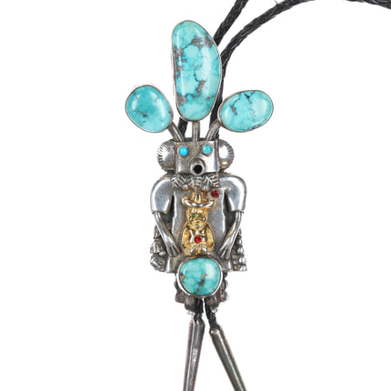 1980's Large John Larson Navajo sterling turquoise Kachina bolo tie - Estate Fresh Austin