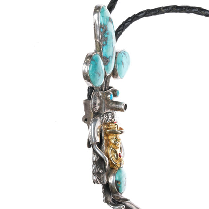 1980's Large John Larson Navajo sterling turquoise Kachina bolo tie - Estate Fresh Austin