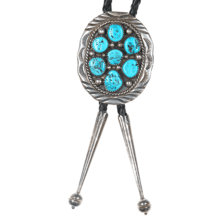 1980's M Navajo sterling Kingman turquoise cluster bolo tie - Estate Fresh Austin