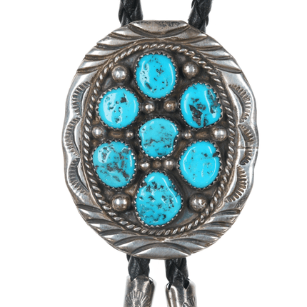 1980's M Navajo sterling Kingman turquoise cluster bolo tie - Estate Fresh Austin