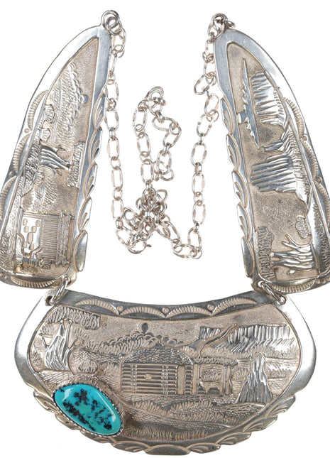 1980's Ray Calladitto Navajo sterling storyteller bib necklace with turquoise - Estate Fresh Austin