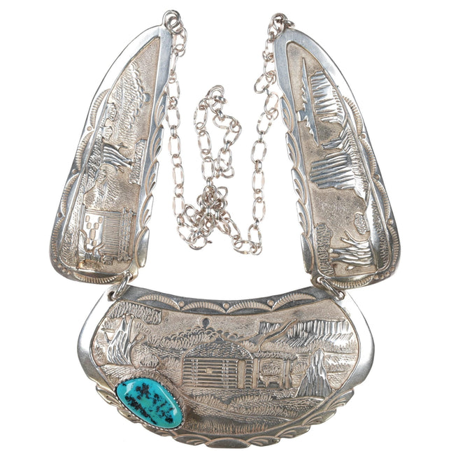 1980's Ray Calladitto Navajo sterling storyteller bib necklace with turquoise - Estate Fresh Austin