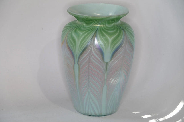 1981 Vandermark Studio Art Glass Vase Green Pink Blue Pulled Feather - Estate Fresh Austin