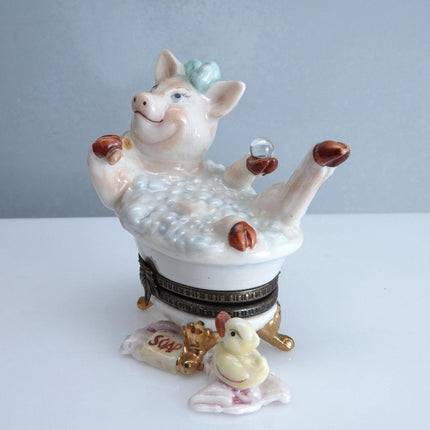 1990's Studio USA Pig in a bathtub Trinket Box Hand Painted - Estate Fresh Austin