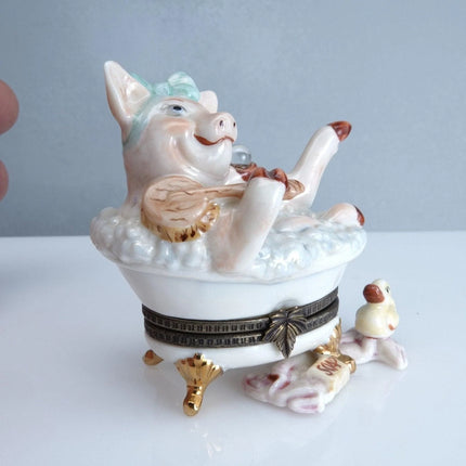1990's Studio USA Pig in a bathtub Trinket Box Hand Painted - Estate Fresh Austin