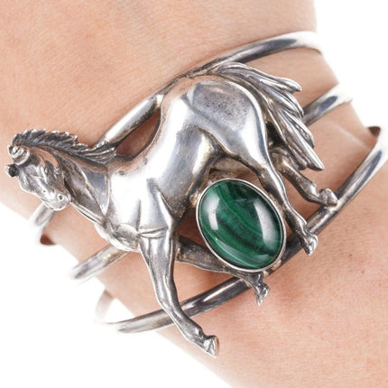 6.25" 1991 Sterling silver Carol Felley Horse Cuff bracelet with Malachite - Estate Fresh Austin