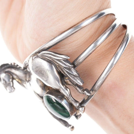 6.25" 1991 Sterling silver Carol Felley Horse Cuff bracelet with Malachite - Estate Fresh Austin