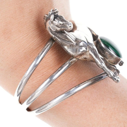 6.25" 1991 Sterling silver Carol Felley Horse Cuff bracelet with Malachite - Estate Fresh Austin