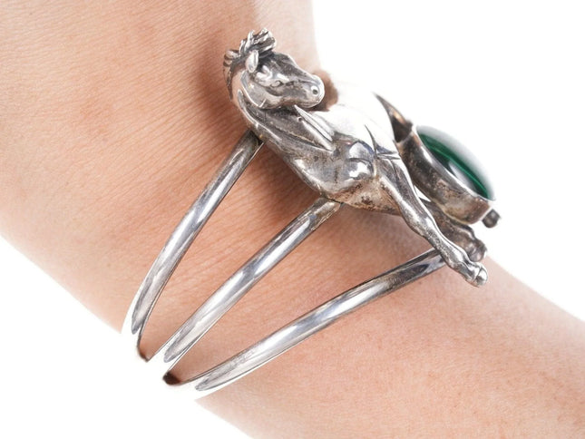 6.25" 1991 Sterling silver Carol Felley Horse Cuff bracelet with Malachite - Estate Fresh Austin