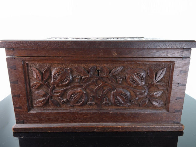 19th Century Dovetailed Oak Hand Carved Pomegranates Box - Estate Fresh Austin