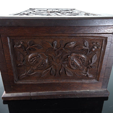 19th Century Dovetailed Oak Hand Carved Pomegranates Box - Estate Fresh Austin