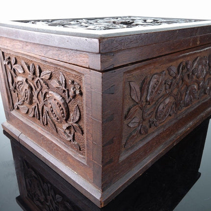 19th Century Dovetailed Oak Hand Carved Pomegranates Box - Estate Fresh Austin