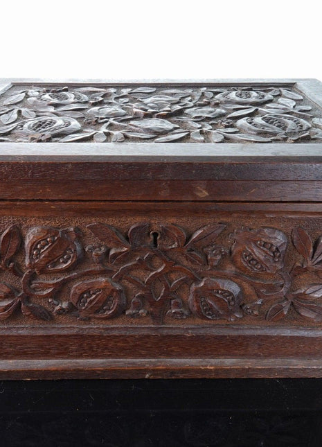 19th Century Dovetailed Oak Hand Carved Pomegranates Box - Estate Fresh Austin