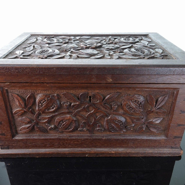 19th Century Dovetailed Oak Hand Carved Pomegranates Box - Estate Fresh Austin