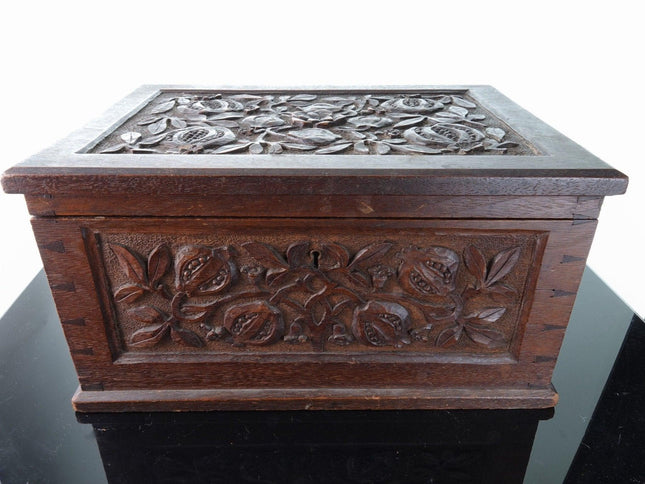 19th Century Dovetailed Oak Hand Carved Pomegranates Box - Estate Fresh Austin