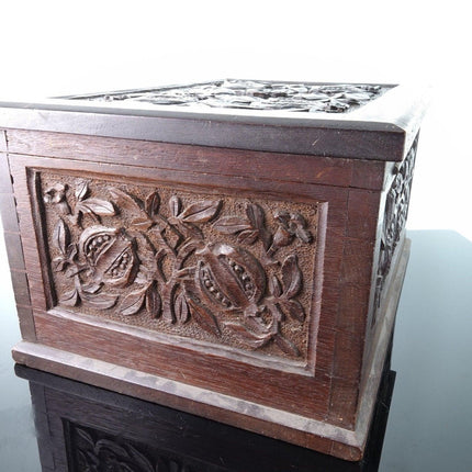 19th Century Dovetailed Oak Hand Carved Pomegranates Box - Estate Fresh Austin