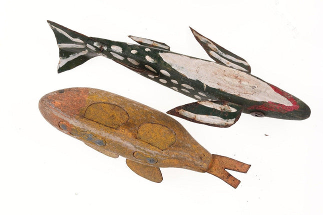 2 Antique American Ice fishing decoy Carved wood Painted Tin fins - Estate Fresh Austin