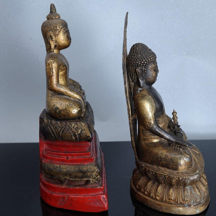 2 Antique Asian Buddha Figures Bronze and Wood - Estate Fresh Austin