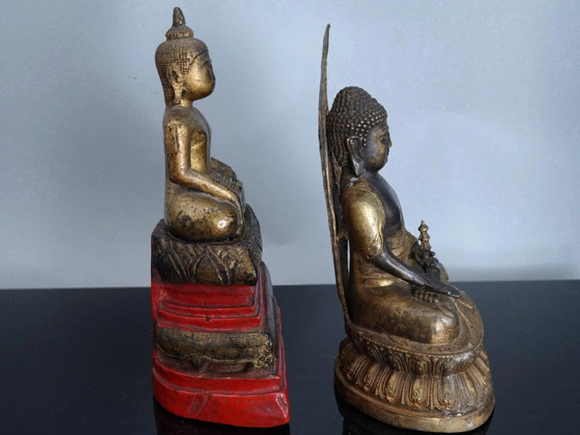 2 Antique Asian Buddha Figures Bronze and Wood - Estate Fresh Austin