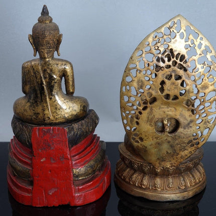 2 Antique Asian Buddha Figures Bronze and Wood - Estate Fresh Austin