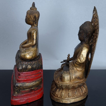 2 Antique Asian Buddha Figures Bronze and Wood - Estate Fresh Austin