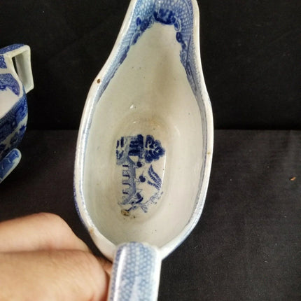 2 Antique Blue Willow Gravy Boats Pearlware Staffordshire Transferware c.1840 6. - Estate Fresh Austin