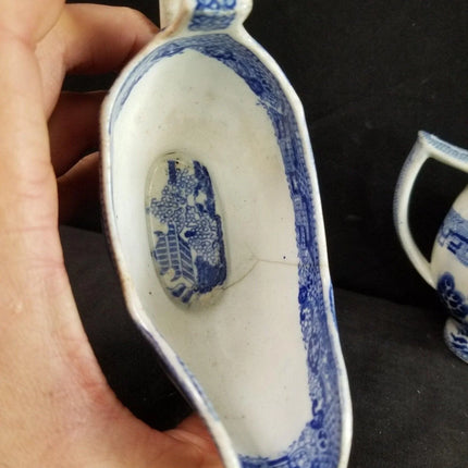 2 Antique Blue Willow Gravy Boats Pearlware Staffordshire Transferware c.1840 6. - Estate Fresh Austin