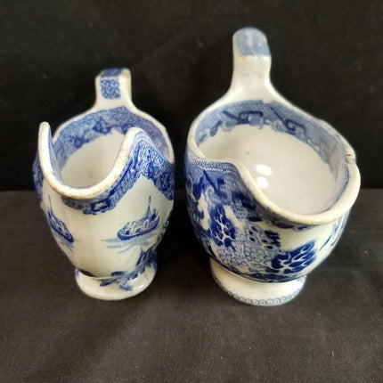 2 Antique Blue Willow Gravy Boats Pearlware Staffordshire Transferware c.1840 6. - Estate Fresh Austin
