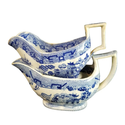 2 Antique Blue Willow Gravy Boats Pearlware Staffordshire Transferware c.1840 6. - Estate Fresh Austin