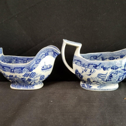 2 Antique Blue Willow Gravy Boats Pearlware Staffordshire Transferware c.1840 6. - Estate Fresh Austin