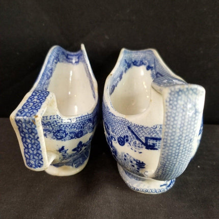 2 Antique Blue Willow Gravy Boats Pearlware Staffordshire Transferware c.1840 6. - Estate Fresh Austin