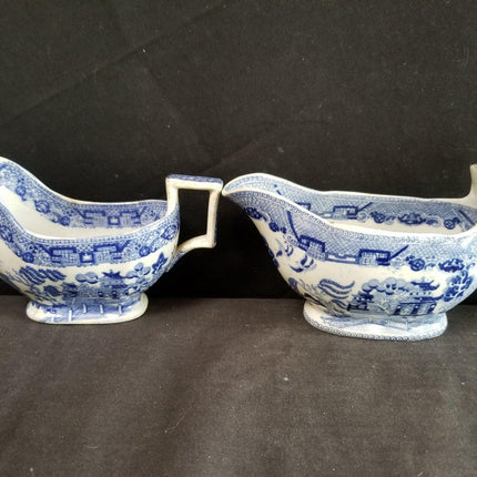 2 Antique Blue Willow Gravy Boats Pearlware Staffordshire Transferware c.1840 6. - Estate Fresh Austin